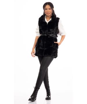 fur vest with a leather belt at the waist 
