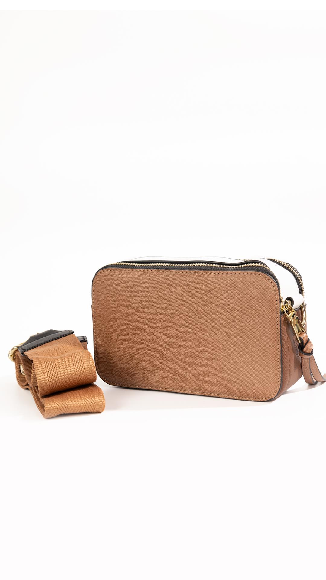 Small leather handbag with fabric strap 