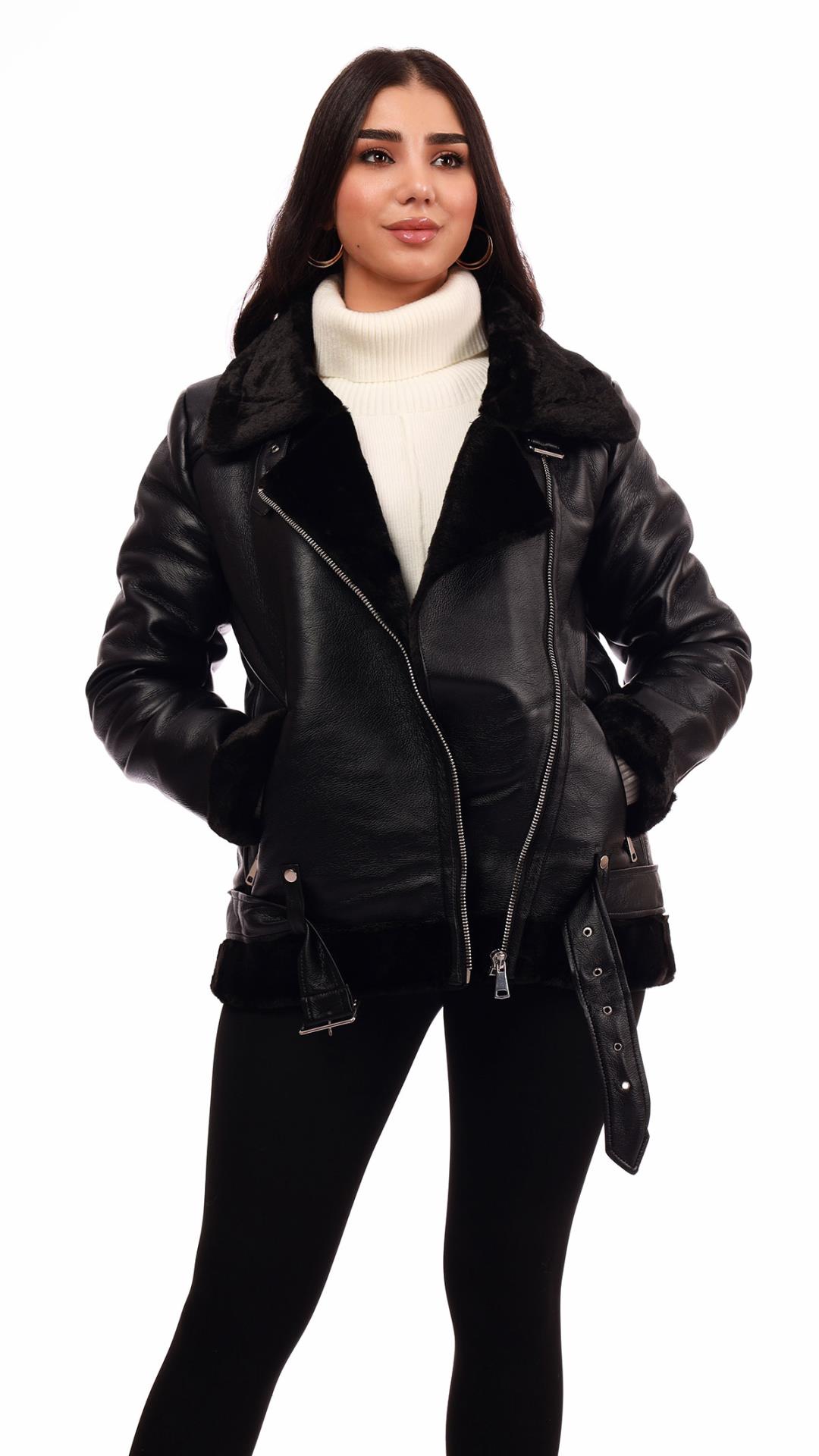 Black leather jacket lined with black fur 