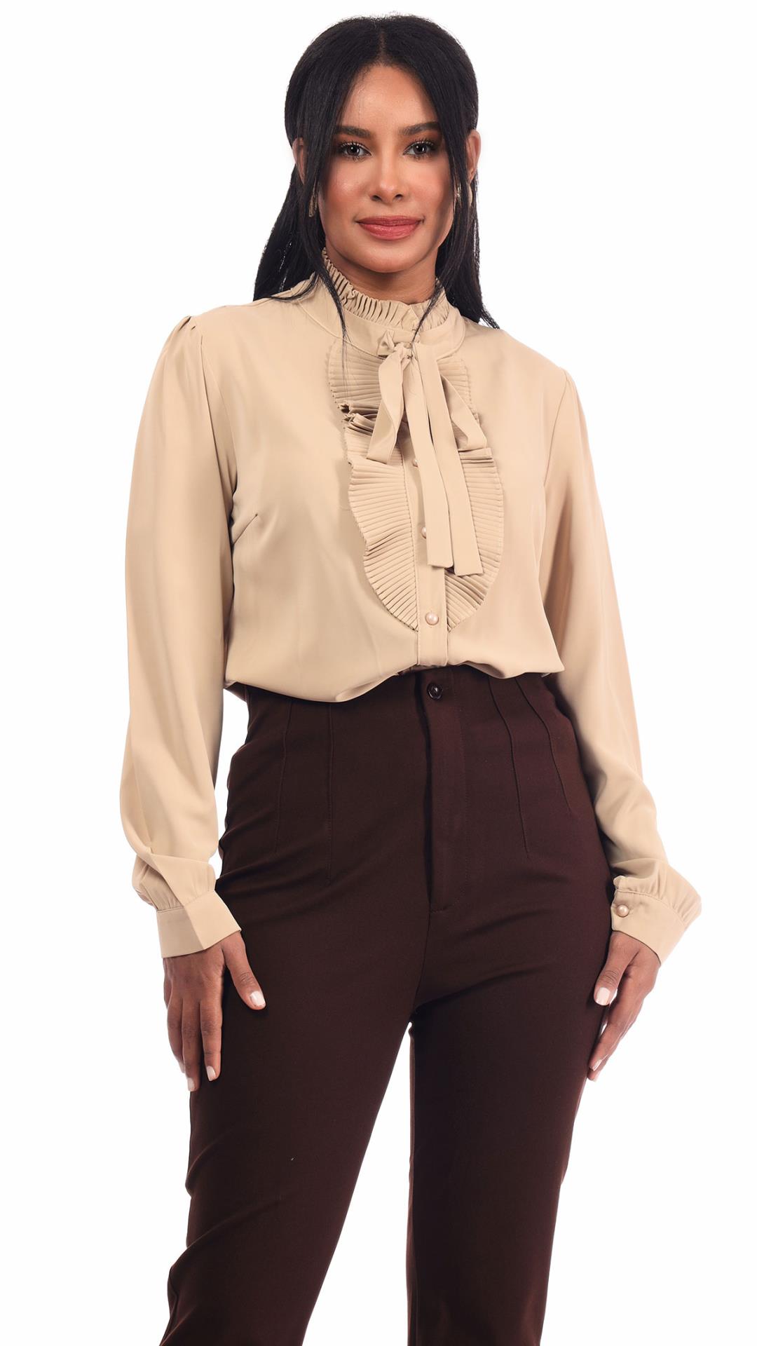 Frill Neck Pleated Button Up Blouse