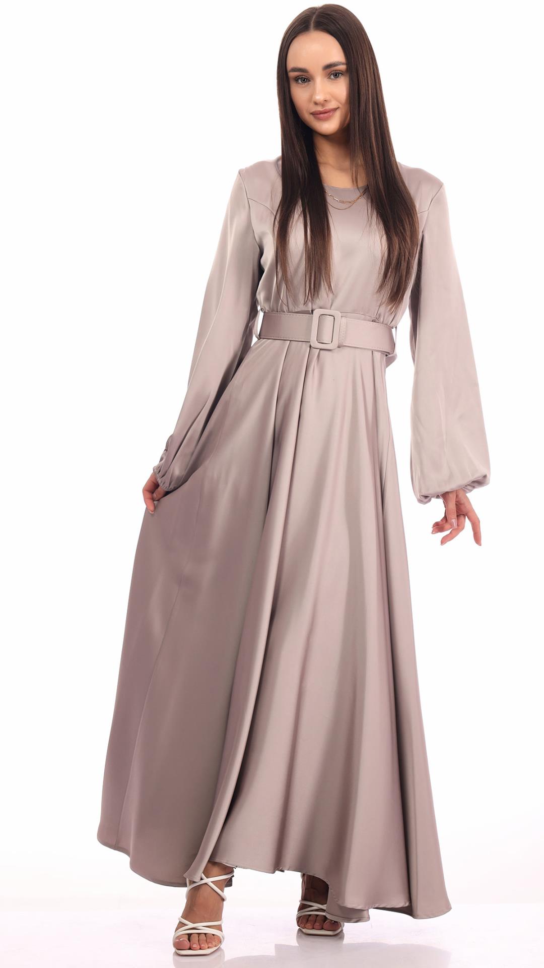 Long Satin Dress with Wide Sleeves and Belt